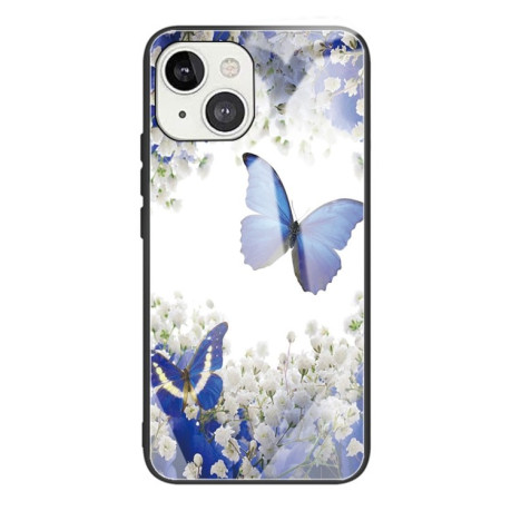 Противоударный чехол Colorful Painted Glass для iPhone 13 Mini - Flowers and Butterflies