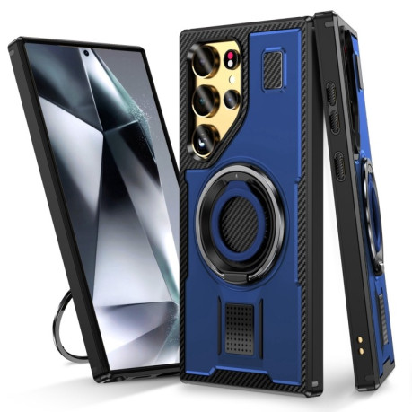 Противоударный чехол Ring Holder Carbon Fiber PC Hybrid TPU для Samsung Galaxy S25 Ultra 5G - синий