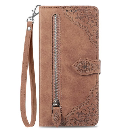 Чохол-книжка Embossed Flower Zipper Leather на iPhone 15 -коричневий