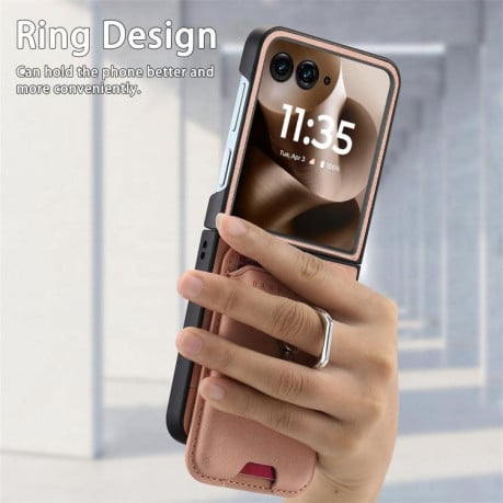 Противоударный чехол Twill Fabric Card Bag Ring Magnetic для Motorola Moto Razr 60 Ultra 5G - рожевий