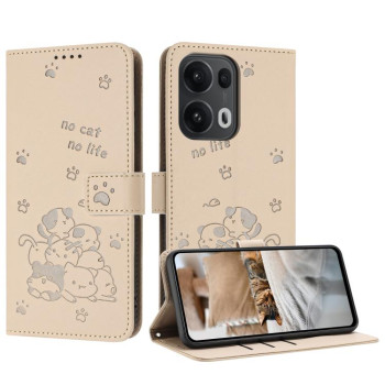 Чехол-книжка Embossed Kitten Phone Leather для OPPO Reno13 Pro 5G Global - бежевый