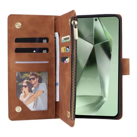 Чехол-книжка Multifunctional Frosted Zipper Wallet с матовой фактурой и ремешком на Samsung Galaxy S25 FE 5G - коричневый