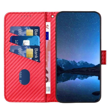 Чехол-книжка с фактурой Carbon Fiber магнитным хлястиком, ремешком на Infinix Hot 60 4G / Hot 60i 4G - красный