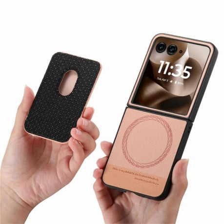 Противоударный чехол Twill Fabric Card Bag Ring Magnetic для Motorola Moto Razr 60 Ultra 5G - рожевий