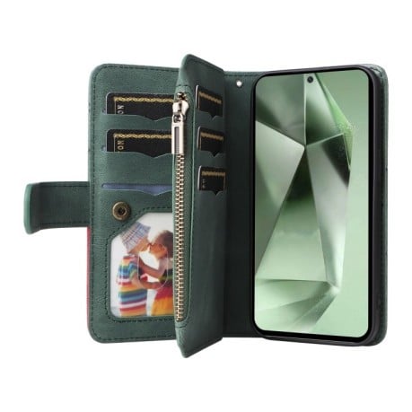 Чехол-книжка Dual-color 9 Card Slots Zipper Wallet Leather для Samsung Galaxy S24 FE 5G - зеленый