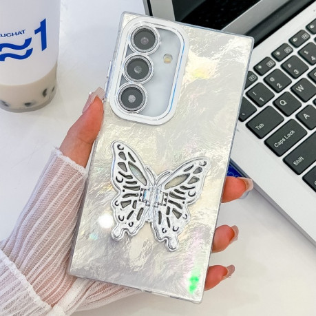 Противоударный чехол Plating Glitter Texture Butterfly для Samsung Galaxy S25+ 5G - White Tinfoil Texture