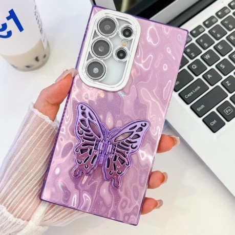 Противоударный чехол Plating Glitter Texture Butterfly Holder TPU для Samsung Galaxy S24 FE 5G - Purple Wrinkles