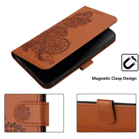 Чехол-книжка Embossed Flower Zipper Leather на Redmi Note 14 5G/Poco M7 Pro 5G - коричневый