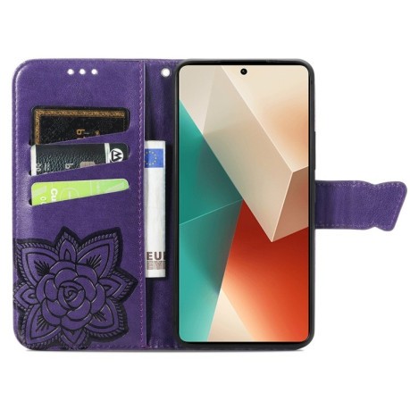 Чехол-книжка Butterfly Love Flower Embossed для Xiaomi Redmi Note 13 5G - фиолетовый