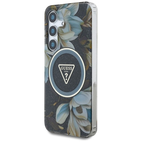 Оригинальный чехол Guess Glitter Flowers Triangle Buttons MagSafe для Samsung Galaxy S25 - black