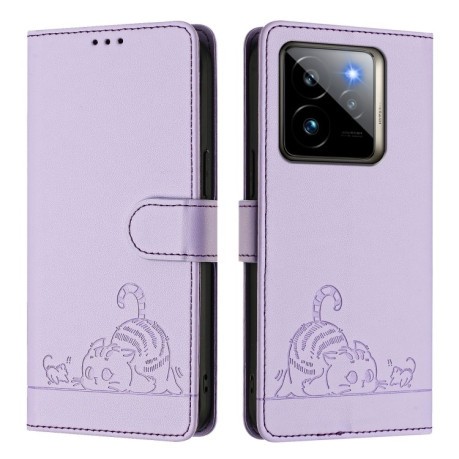 Чехол-книжка Cat Embossing Pattern на Realme GT 7 Pro 5G - фиолетовый