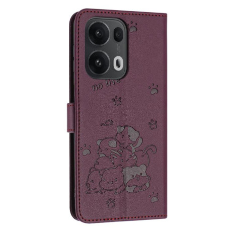 Чехол-книжка Embossed Kitten Phone Leather для OPPO Reno13 Pro 5G Global - винно-красный