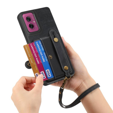 Противоударный чехол Retro Cross Wristband Wallet Leather для Motorola Moto G55 - черный