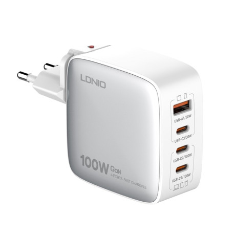 Скоросное зарядное устройство LDNIO Q408 100W GaN USB+3 USB-C / Type-C USB-C / Type-C to USB-C / Type-C  - белое