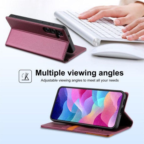 Чохол-книжка N.BEKUS P3 RFID Stitching з кишенькою на карток на Samsung Galaxy S25 FE 5G - винно-червоний