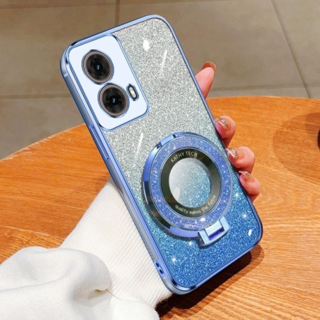 Противоударный чехол Plated Gradient Glitter Round Holder для Motorola Moto G85 - голубой