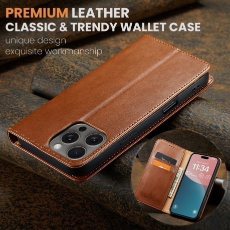 Кожаный чехол-книжка Fierre Shann Genuine leather для iPhone 16 Pro Max - коричневый