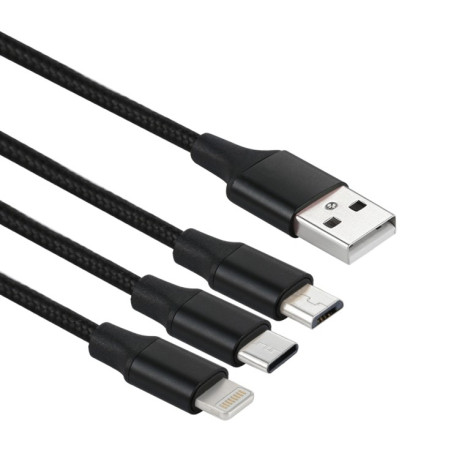 Универсальный Зарядный кабель 2A 1.2m 3 in 1 USB to 8 Pin &amp; USB-C / Type-C &amp; Micro USB Nylon Weave Charging Cable - черный