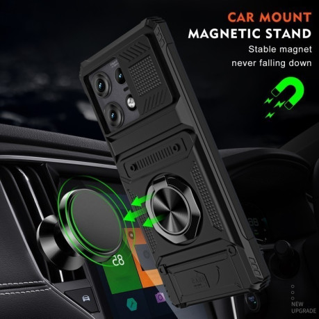 Противоударный чехол Shockproof Card Slot Phone Case with Metal Ring Holder для Motorola Edge 50 Pro - черный