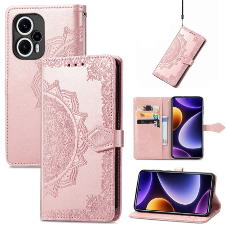 Чехол-книжка Lucky Clover Halfway Mandala Embossing Pattern на Xiaomi Poco F5 - розовое золото