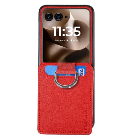 Противоударний чехол Litchi Texture Leather Ring Wallet на Motorola Razr 60 Ultra - червоний