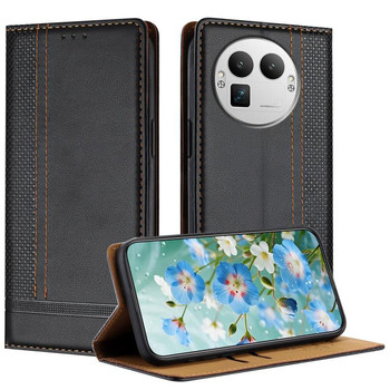 Чехол-книжка из веган-кожи с прострочкой Stitching Design Scratch-Resistant Vegan Leather на Realme GT 8 Pro Global — чёрный