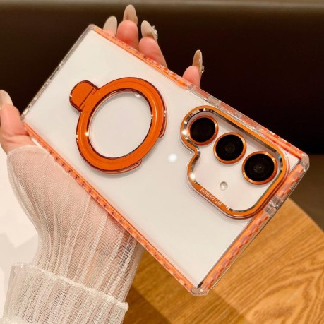 Противоударный чехол Transparent Acrylic MagSafe Lens Holder на Samsung Galaxy S25 5G - оранжевый