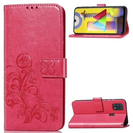 Чехол Four-leaf Clasp Embossed Buckle на Samsung Galaxy A21s - пурпурно-красный