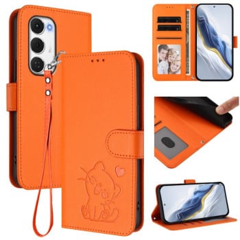 Чехол-книжка Escase с рельефным котом и ремешком на Tecno Spark 40 Pro+ 4G — оранжевый