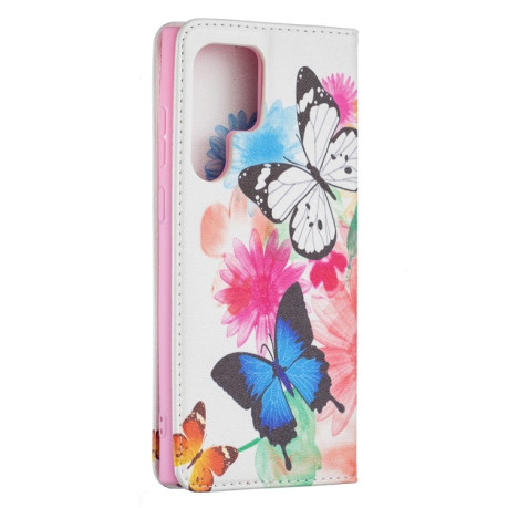 Чехол-книжка Colored Drawing Pattern Invisible для Samsung Galaxy S22 Ultra 5G - Two Butterflies