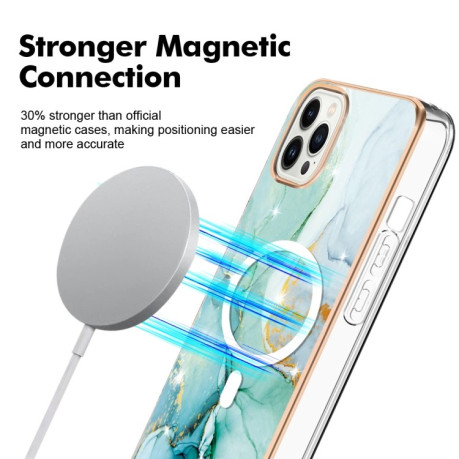 Противоударный чехол Marble Pattern Dual-side IMD Magsafe для iPhone 15 Pro Max - зеленый