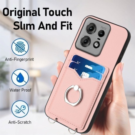 Противоударный чехол R20 Ring Card Holder для Motorola Edge 50 Pro 5G - розовый