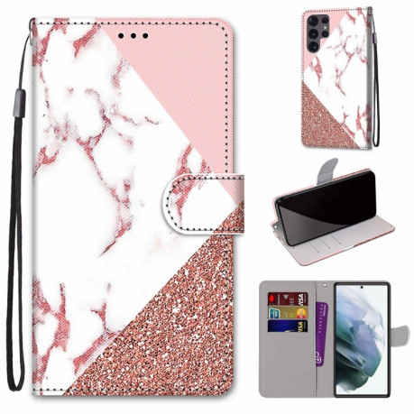Чехол-книжка Coloured Drawing Cross для Samsung Galaxy S22 Ultra 5G - Stitching Pink Stone Pattern