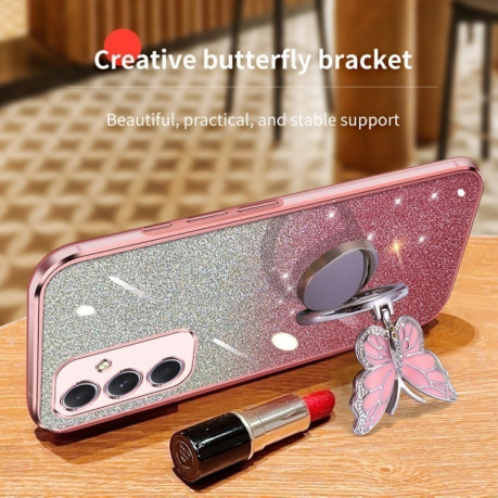 Противоударный чехол Plated Gradient Glitter Butterfly Holder для Samsung Galaxy A55 5G - черный