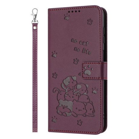 Чехол-книжка Embossed Kitten Phone Leather для Realme 12+ 5G/12 4G/13 4G - винно-красный