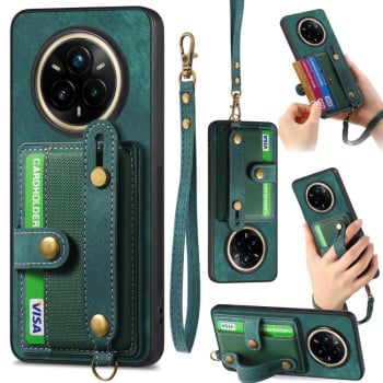 Противоударный чехол Retro Cross Wristband Wallet Leather для Realme 14 Pro+ - зеленый