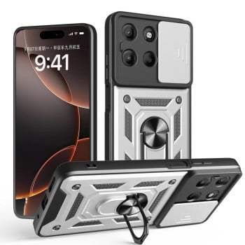 Чехол со шторкой на камеру Sliding Camshield и подставкой на Motorola Moto G15 4G - серебристый