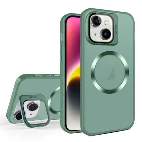 Противоударный чехол Skin Feel CD Texture MagSafe Lens Holder для iPhone 15 - зеленый