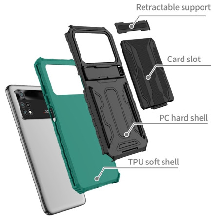 Противоударный чехол Kickstand Armor Card Wallet для Xiaomi Poco M4 Pro 4G - зеленый