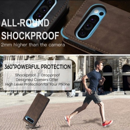 Чехол-книжка CaseMe-013 многофункциональный с кармашком для карт на Google Pixel 9 Pro XL - кофейный