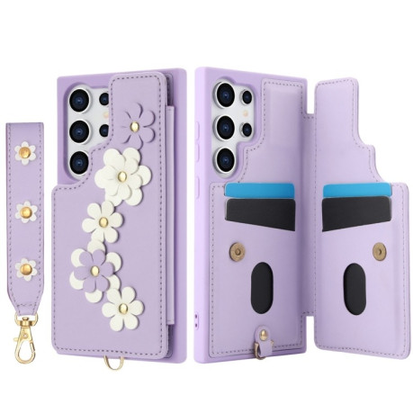 Чохол Crossbody Flower Pattern Leather  для Samsung Galaxy S25 Ultra 5G - фіолетовий