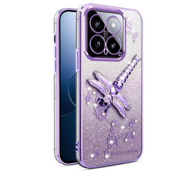 Противоударный чехол Gradient Glitter Immortal 3D Dragonfly Holder Plated для Xiaomi 14 - фиолетовый