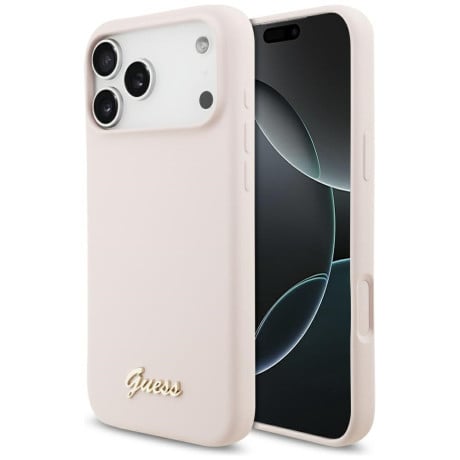 Оригинальный силиконовый чехол Guess Silicone Script Metal Logo с MagSafe на iPhone 17 Pro Max - Pink
