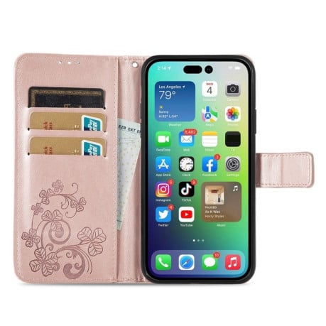Чехол-книжка Four-leaf Clasp Embossed Buckle на iPhone 15 Pro Max - розовое золото