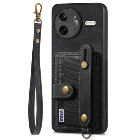 Чохол-гаманець у вінтажному стилі Retro з ремінцем на зап'ястя на Xiaomi Poco F7 Pro - чорний