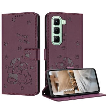 Чехол-книжка Embossed Kitten Phone Leather на Infinix Hot 60 Pro 4G - винно-красный