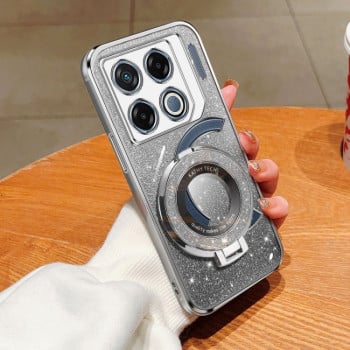 Противоударный чехол Plated Gradient Glitter Round Holder для Infinix GT 20 Pro - серебристый