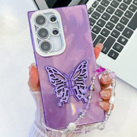 Протиударний чохол Plating Glitter Lens Film Texture Butterfly Holder Wristband  для Samsung Galaxy S25 Ultra 5G - Purple Feather Yarn