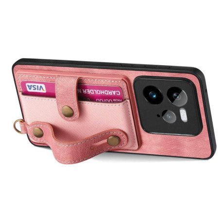 Противоударный чехол Retro Cross Wristband Wallet Leather для Realme GT 7 Pro - розовый
