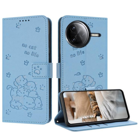 Чехол-книжка Embossed Kitten Phone Leather для Xiaomi Poco F7 Pro / F7 Ultra - синий